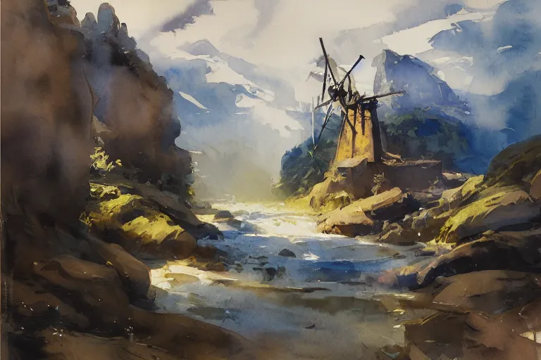 Prompt: small centered on watercolor paper, paint brush strokes, abstract watercolor painting of ancient mill, cinematic light, national romanticism by hans dahl, by jesper ejsing, by anders zorn, by greg rutkowski, by greg manchess, by tyler edlin