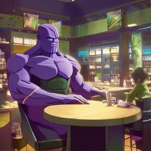 Prompt: thanos working at starbucks by makoto shinkai and ruan jia and studio ghibli