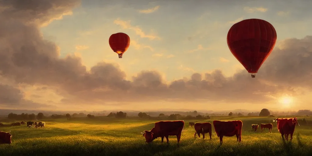 Image similar to a red hot air balloon flies above a field of cattle on a beautiful summer morning, English countryside, fields, cows, matte painting by Greg rutkowski, early morning light, trending on artstation, cinematic lighting, deviantart,