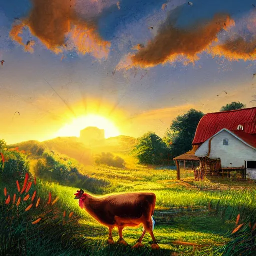 Image similar to sun rising over a farmhouse with a sleeping cow and a rooster crowing, concept art, illustrated, highly detailed, high quality, bright colors, optimistic,