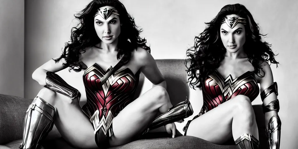 Image similar to photograph of gal gadot, dressed as wonder woman, sitting on a white leather couch with a huge photograph of a human eye on the wall behind it, ultra wide angle lens, hyperreal, super sharp photography