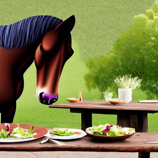 Image similar to a large humanoid horse sitting at a rustic table eating a small side salad