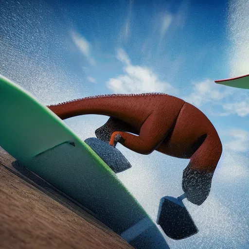 Prompt: t-rex surfing on tricks on a skateboard, raytracing, 4k