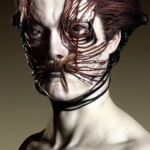 Image similar to portrait of a Shibari barbed wire wrapped face and neck, headshot, insanely nice professional hair style, dramatic hair color, digital painting, of a old 17th century, old cyborg merchant, amber jewels, baroque, ornate clothing, scifi, realistic, hyperdetailed, chiaroscuro, concept art, art by Franz Hals and Jon Foster and Ayami Kojima and Amano and Karol Bak,