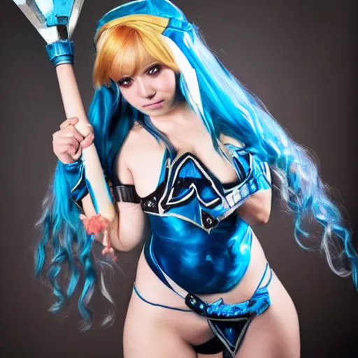 Prompt: photograph of a girl cosplaying Crystal Maiden from Dota 2, HD, award winning photography, uploaded on Facebook, highly detailed