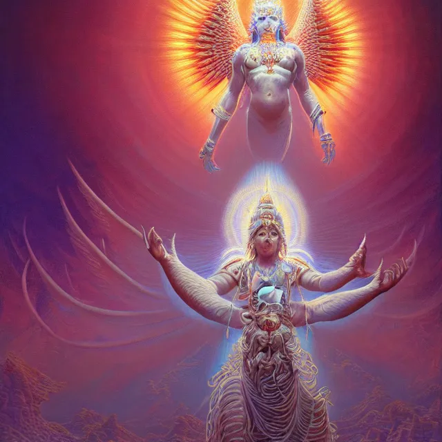 Prompt: ethereal glowing white hindu angel dmt deity, tribal repeating patterns, tim hildebrandt, wayne barlowe, bruce pennington, donato giancola, trending on artstation, cinematic composition, sharp focus, beautiful lighting, hyper detailed, 8 k, oil on canvas