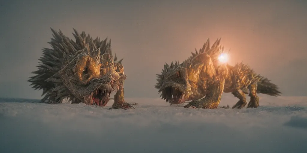 Image similar to photo of real life pokemons, creepy!!!, scaly!!!, gritty!!!, menacing!!!, evil, ultra realistic, gritty, winter, golden hour, volumetric lighting, sharp focus