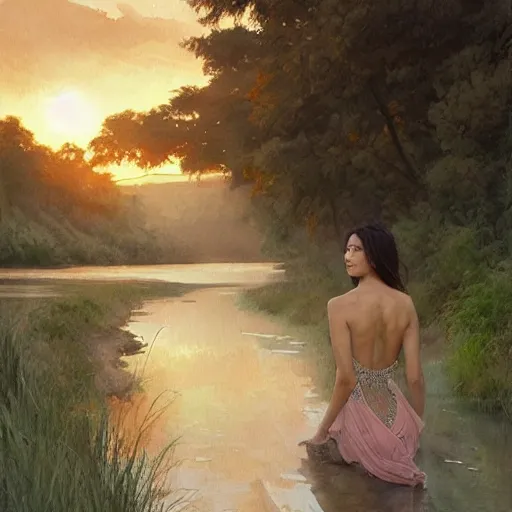 Prompt: River leading into a sunset, Watercolor, photorealistic, high resolution, award winning, trending on artstation, olive skin, long dark hair, beautiful bone structure, intricate, elegant, highly detailed, digital painting, artstation, concept art, smooth, sharp focus, illustration, art by artgerm and greg rutkowski and alphonse mucha