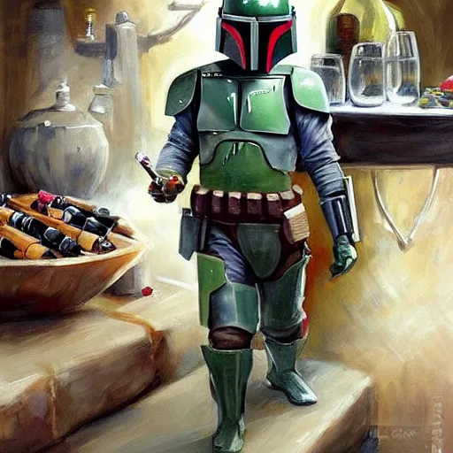 Prompt: Boba Fett discovers a wine cellar full of food and schnapps, painting by Vladimir Volegov