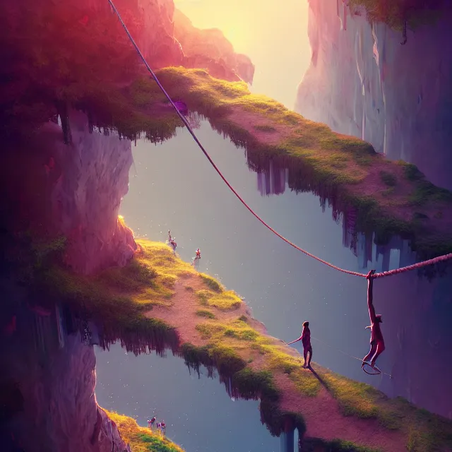 Prompt: epic professional digital art of 'A tilt shift of a tight rope walker', best on artstation, cgsociety, wlop, cosmic, epic, stunning, gorgeous, much detail, much wow, masterpiece