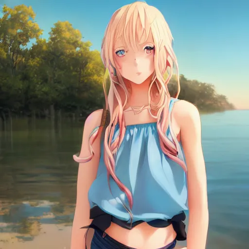 Image similar to a very beautiful anime girl, full body, long wavy blond hair, sky blue eyes, full round face, short smile, cute top, short jeans, summer lake setting, cinematic lightning, medium shot, mid-shot, highly detailed, trending on Artstation, Unreal Engine 4k, cinematic wallpaper by Stanley Artgerm Lau, WLOP, Rossdraws, James Jean, Andrei Riabovitchev, Marc Simonetti, and Sakimichan