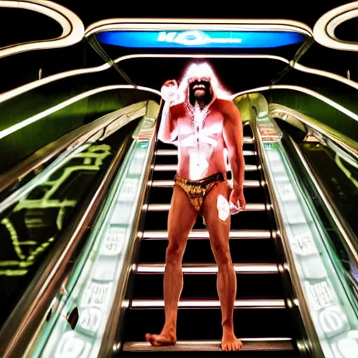 Image similar to bioluminescent hulk hogan in the darkness on an escalator