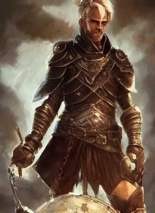 Image similar to Young man, slim, pale, short black hair, wearing armor made of leather, holding a tankard of ale, digital art, realistic, D&D, detailed, trending on artstation, sea in the background