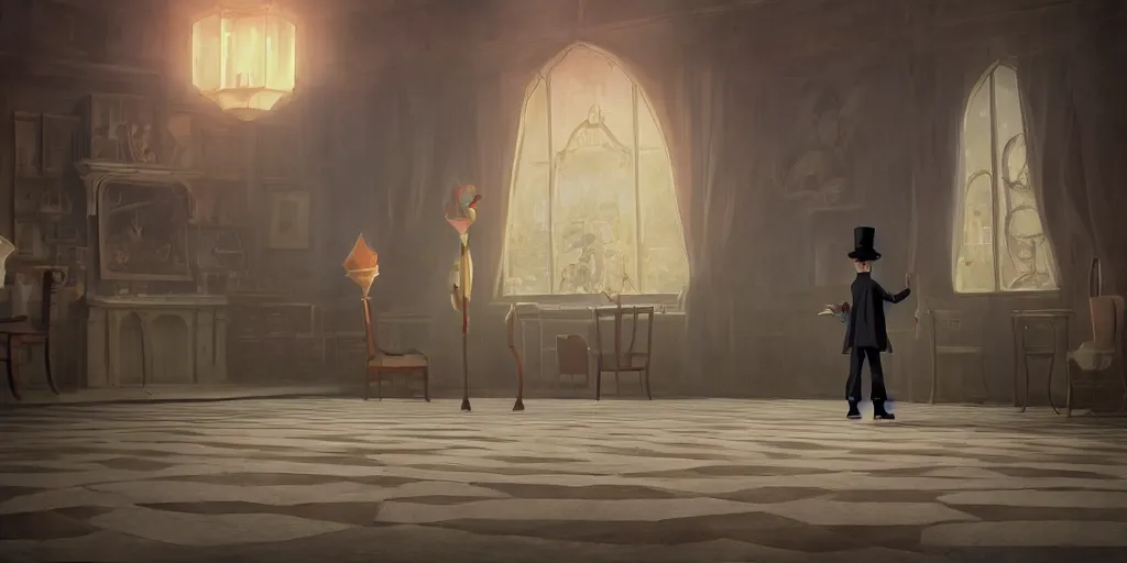 Prompt: animation key shot of a magician with a pointy hat dressed sweeping the floor in an elegant castle, studio ghibli, pixar and disney animation, sharp, rendered in unreal engine 5, anime key art by greg rutkowski, bloom, dramatic lighting