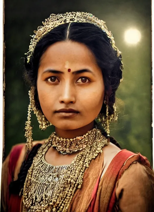 Image similar to hyper realistic and detailed vintage portrait photo of a beautiful beautifully lit nepalese Victorian woman with stunning reflective eyes standing in the sunshine with himalayan peaks behind her by annie leibovitz