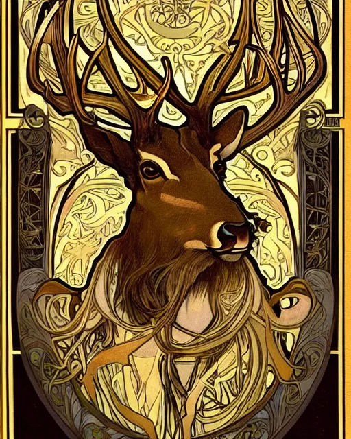 Image similar to an art nouveau painting of a deer with antlers, highly detailed, intricate, artstation, by alphonse mucha