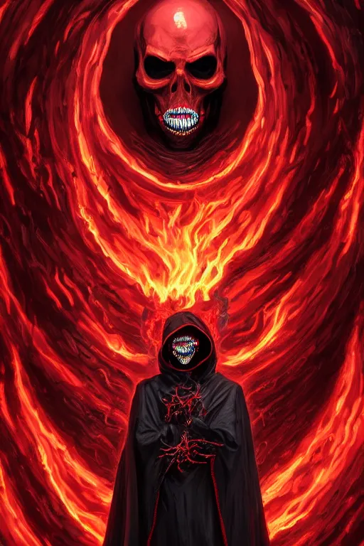 Prompt: A full body portrait of a mysterious character with a flaming skull with a very long hooded blood red and black cloak, tentacles coming out the ground art by Jason Chan and Gilles Beloeil, ominous, cosmic horror, trending on artstation, Ultra detailed, hyper realistic 4k