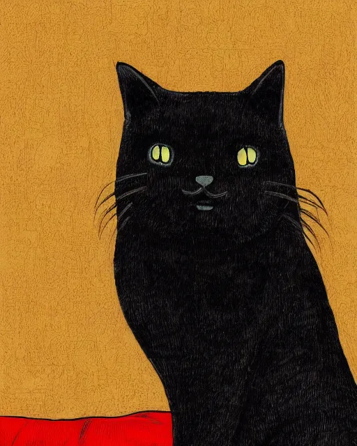 Prompt: huge black cat sitting on pillow, art by junji ito