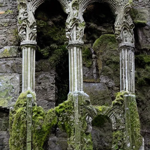 Image similar to an intricate, delicate tracery of stone, forming a beautiful ancient monument, slowly being covered by moss and lichen