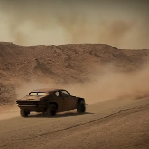 Image similar to A black car Yugo Koral 45 produced by Zastava is speeding through the post-apocalyptic dessert wasteland towards the camera, in the background a huge sand storm is raging, a movie still from Mad Max: Fury Road (2015), three-quarter shot from high angle, Oscar winning cinematography, 4k