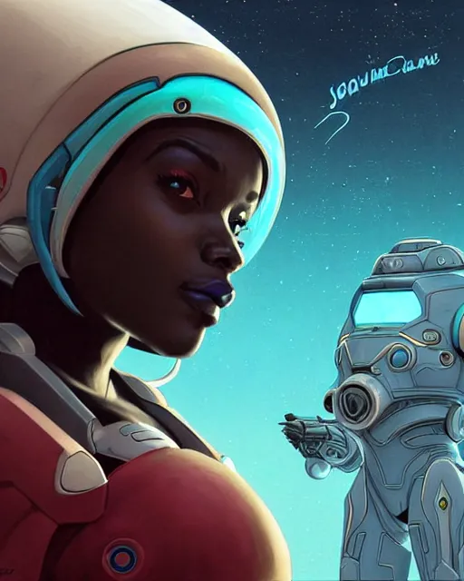 Prompt: sojourn from overwatch, african canadian, gray hair, teal silver red, character portrait, portrait, close up, concept art, intricate details, highly detailed, vintage sci - fi poster, retro future, vintage sci - fi art, in the style of chris foss, rodger dean, moebius, michael whelan, and gustave dore