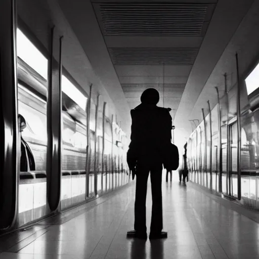 Image similar to a beautiful photo of an astronaut waiting in a subway station, 1970', soft light, morning light, photorealistic, realistic, octane, 8k, cinematic shot