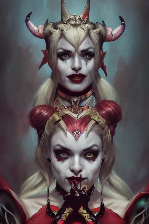 Image similar to portrait of harley quinn as a demon elf queen, forest, godlike, upper body, fantasy, intricate, elegant, highly detailed, digital painting, artstation, concept art, sharp focus, illustration, art by artgerm and greg rutkowski and alphonse mucha