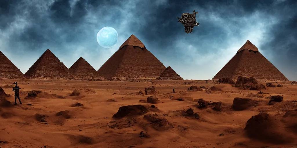 Prompt: giant, massive aliens humanoids building the gizah pyramids, hyper detailed, desert, dramatic lighting,