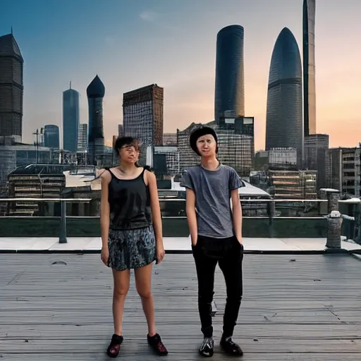 Image similar to a small rooftop with a couple of modern teenagers, standing and talking to each other, wearing black modern clothes, modern shanghai bund is on the background, sunset, by gregory crewdson, by asher brown durand