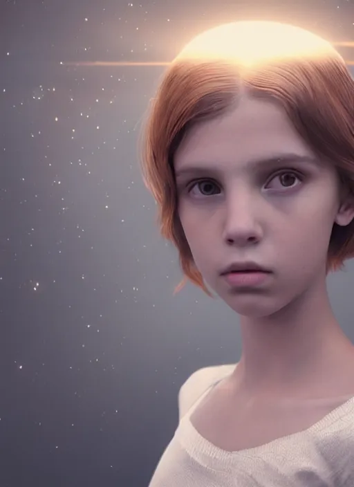 Prompt: portrait art of girl resembling millie bobby brown or alicia vikander as a redheaded angel, art by alessio albi 8 k ultra realistic, angel wings, lens flare, atmosphere, glow, detailed, intricate, full of colour, led lighting, trending on artstation, 4 k, hyperrealistic, focused, extreme details, unreal engine 5, masterpiece