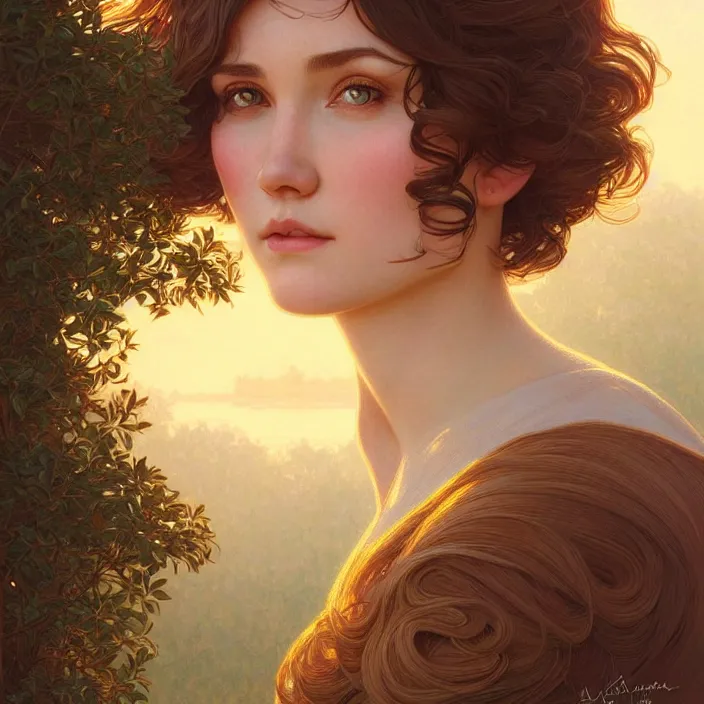 Image similar to a woman with short wavy hair, round face, cottagecore!!, river, trees, golden hour, intricate, elegant, highly detailed, digital painting, artstation, concept art, smooth, sharp focus, illustration, art by artgerm and greg rutkowski and alphonse mucha