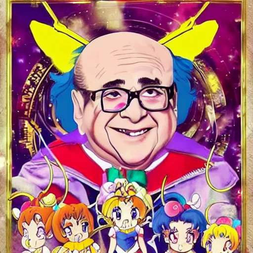 Prompt: Danny DeVito is a magical girl, sailor moon, anime