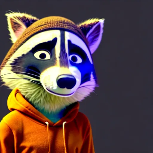 Prompt: a very relaxed stoner with a black hoodie on with a raccoon head from zootopia, wearing beanie, holding a small vape, blowing out smoke, 3 d render, extremely detailed fur, wearing a marijuana t - shirt