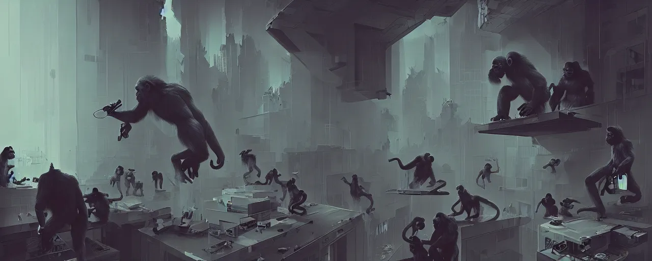 Prompt: duotone noir concept illustration of group wild and crazy apes ruining innside of office rooms, octane render, concept hideo kojima surreal atmosphere, volumentric lighting. cosmic horror. accidental renaissance. by sachin teng and sergey kolesov and ruan jia and heng z. graffiti art, scifi, fantasy, hyper detailed. trending on artstation