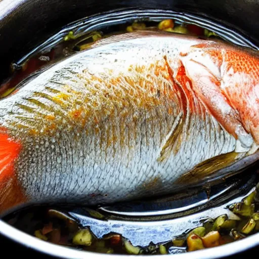 Image similar to a fish on the top of a pile of fish, inside a cooking pot