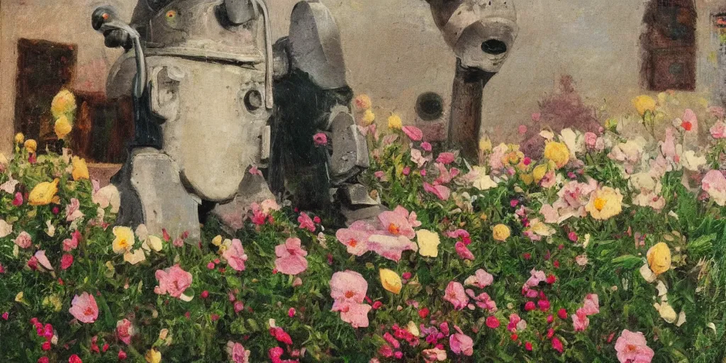 Image similar to robot head with flowers growing out, Thomas Cole, wide angle, minimalistic, highly detailed, masterpiece