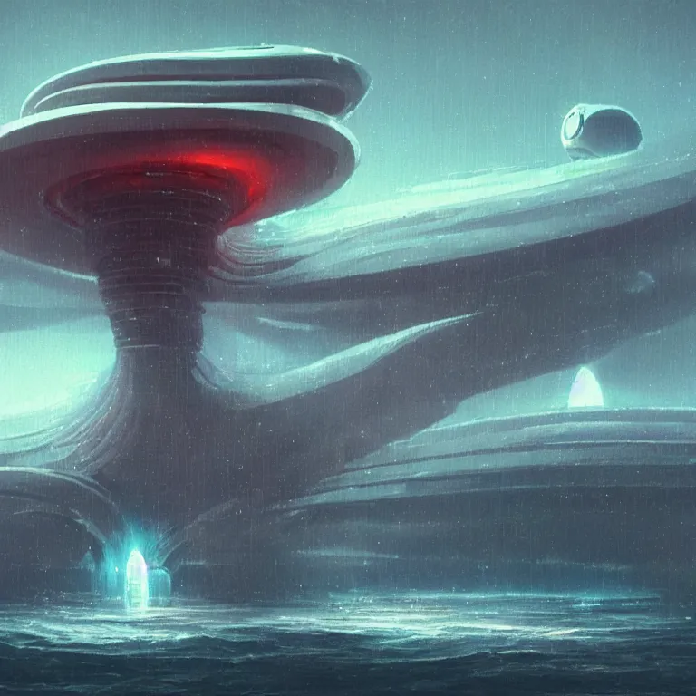 Image similar to mechanical nautilus spaceship dripping wet rising from a the ocean, sci - fi concept art, by john harris, by simon stalenhag, stunning, award winning