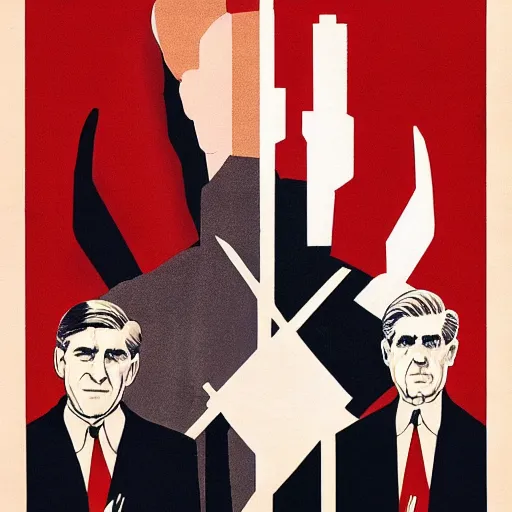 Image similar to minimalist soviet propaganda of robert mueller!!! standing with folded arms, polish movie poster