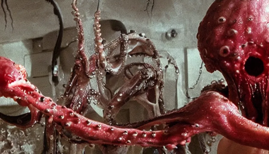 Image similar to Big budget horror movie, a squid bloodily rips out a man's intestines while a cyborg watches an octopus