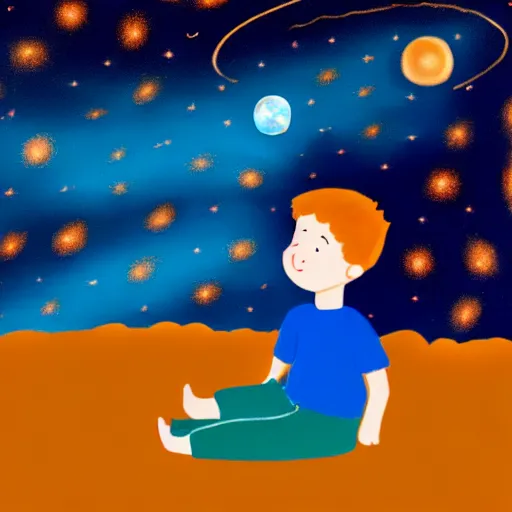 Prompt: a boy sitting on his own and playing with the universe