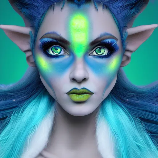 Image similar to Elf girl with blue skin, alien skin, blue elf, blue, blue-skinned elf, green hair, glam hair, hairspray, big hair, wild hair, 80s hair, glam make-up, 80s, illustration, fantasy art, trending on ArtStation, 1980s fantasy art