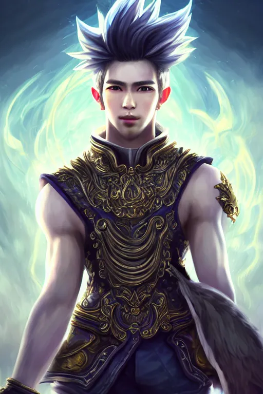 Image similar to fullbody portrait of a male fit hero with strange hairs, soft smile, baroque cloth, final fantasy, league of legends champion, strong iridescent light, by chengwei pan and sakimichan, gradient white to gold, in front of a magical building background, highly detailed portrait, digital painting, smooth, focus illustration