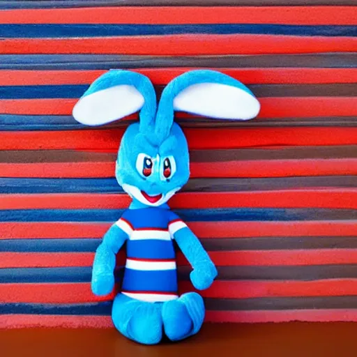 Prompt: photo of a bugs bunny toy sitting infront of a red wall with blue stripes.