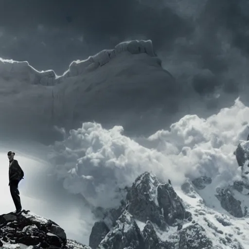 Prompt: a giant, titanic man behind huge mountains and clouds