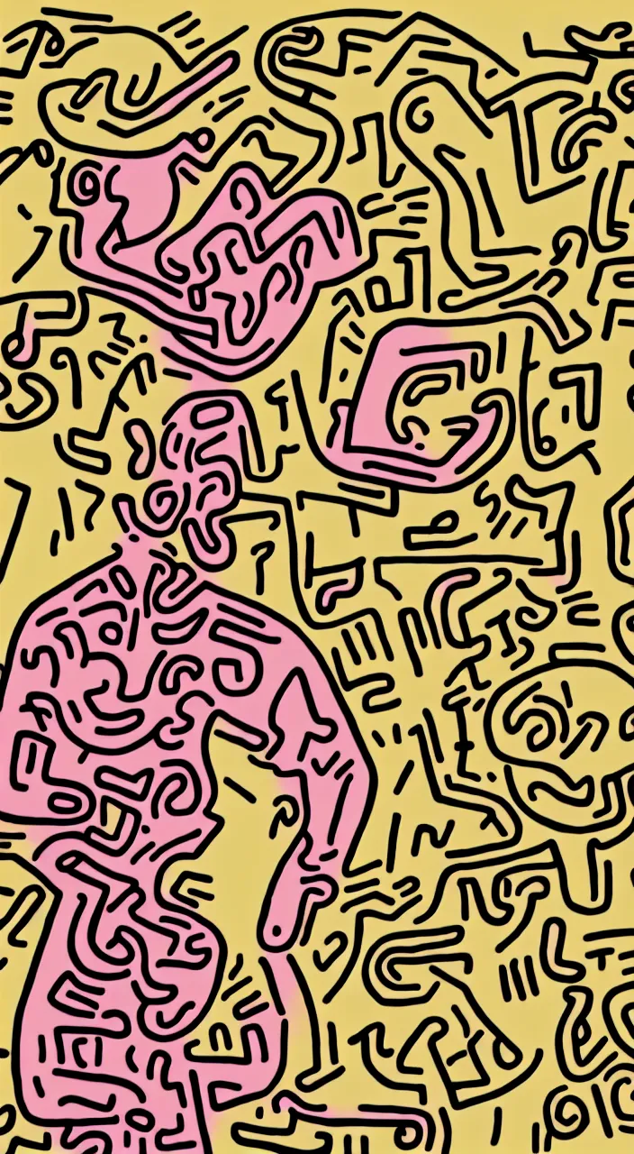 Prompt: larry david eating a bagel line drawing by keith haring. hyper - realistic, 8 k, hd