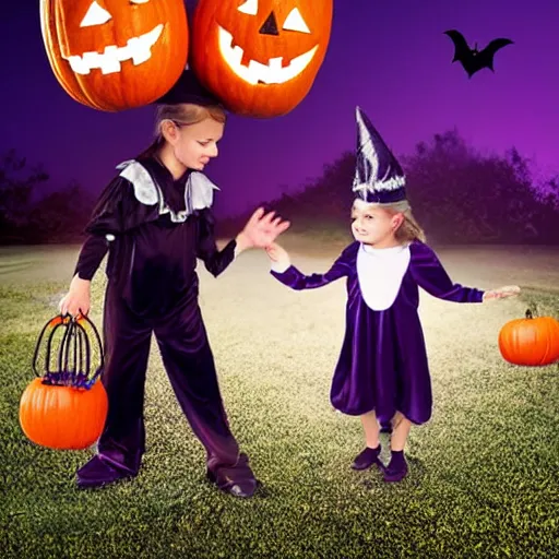 Prompt: kids trick - or - treating, halloween, costumes, night, realistic photo