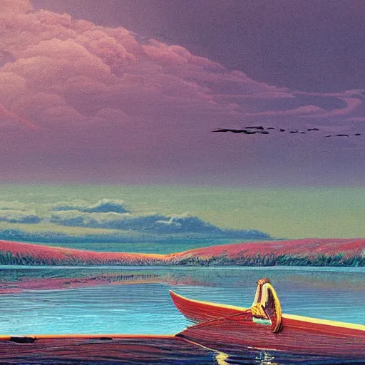 Prompt: a beautiful painting of a detailed mechanical boat floating on a great lake with clouds in the background by moebius