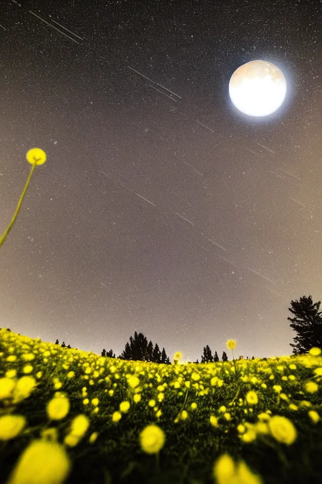 Prompt: low angle, shot from below. two very large moons in night sky. milky way in the night sky. meteor shower. field of big frozen yellow flowers. f 1. 8 lens, lens flare, bokeh. long exposure. high detail