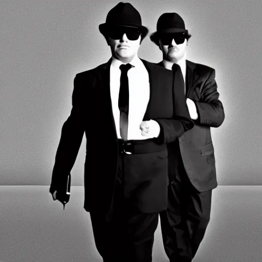 Image similar to blues brothers walking towards camera with white background. wearing suits. strong shadows. high contrast. serious look. carrying a pistol