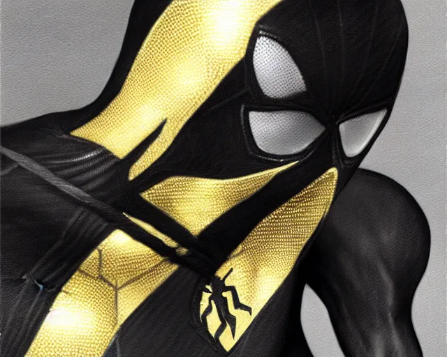 Image similar to photorealistic sketch of black spider - man with gold webbing